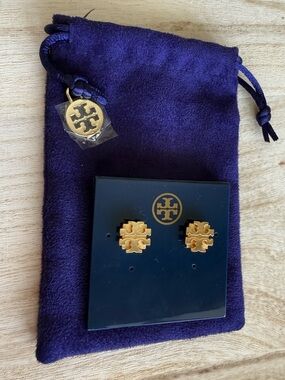 Tory Burch Gold Logo Stud Earrings on Velvet Pouch